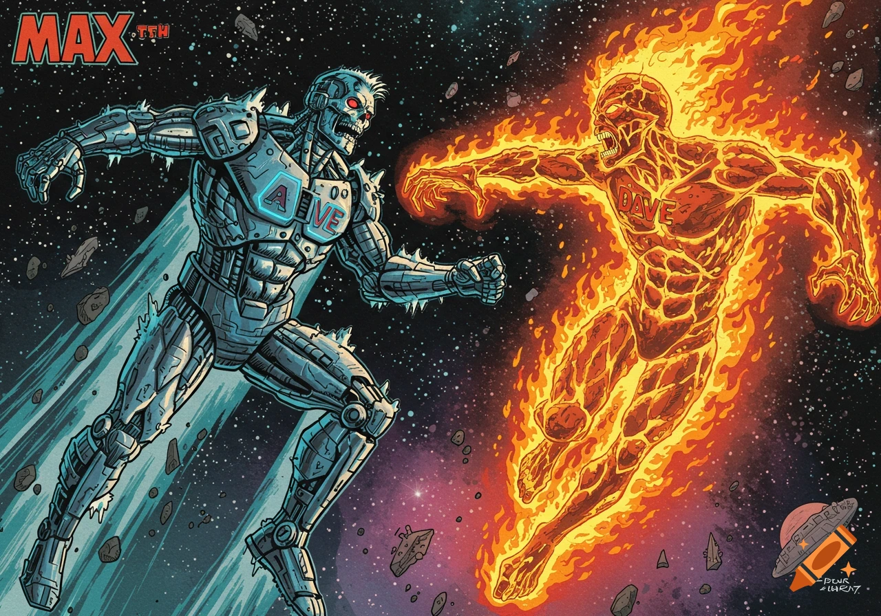 A retro comic book splash page shows a metallic cyborg warrior and a fiery star-being battling in space. Asteroids drift amidst stars.