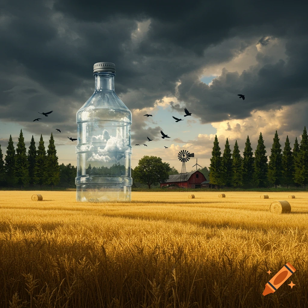 A giant clear water bottle stands in a golden wheat field under a stormy sky, with a farm, windmill, and crows in the background.