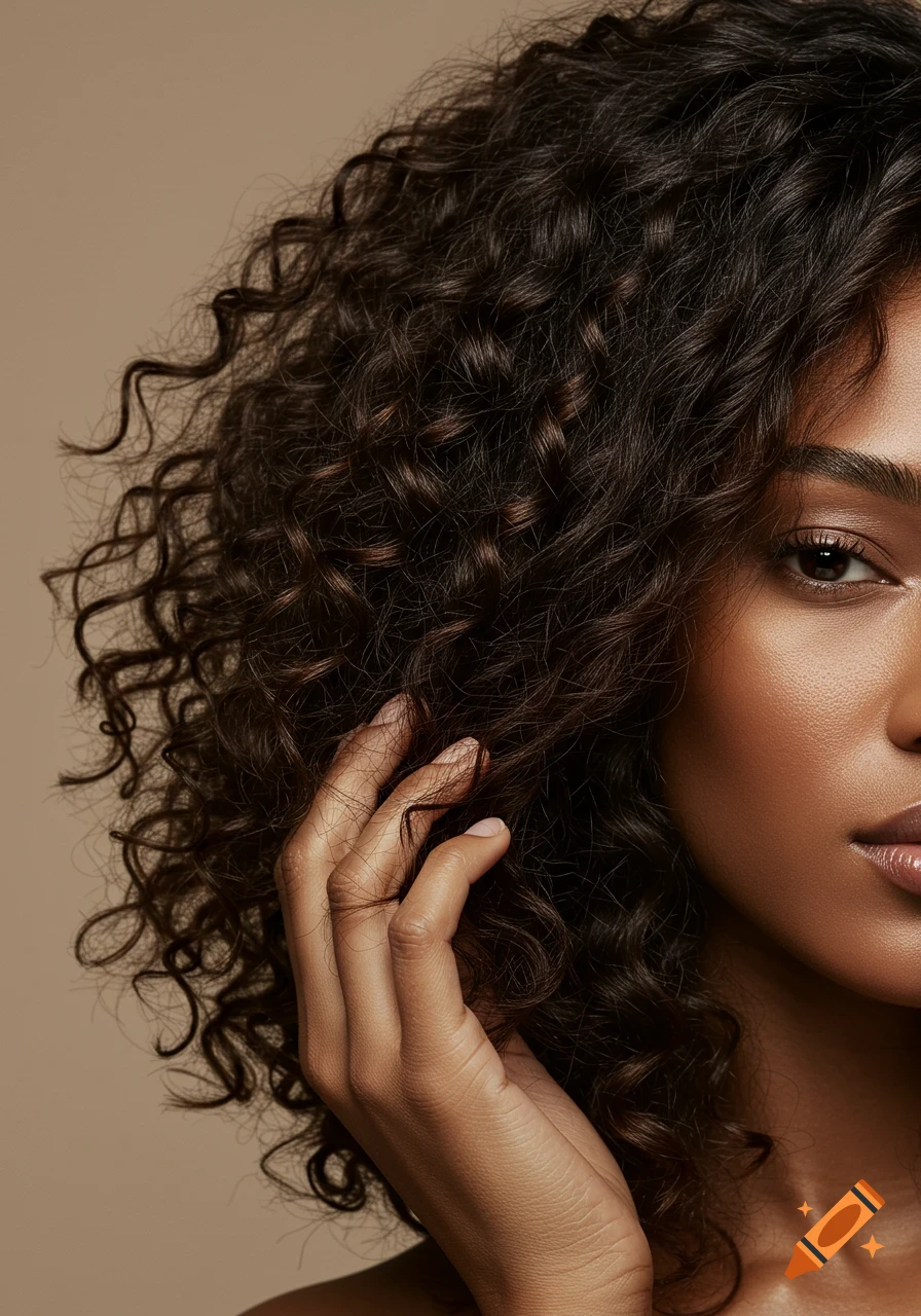 Close-up of a woman with dark, coily curly hair, her fingers gently touching her hair, in a natural-light beauty shot.