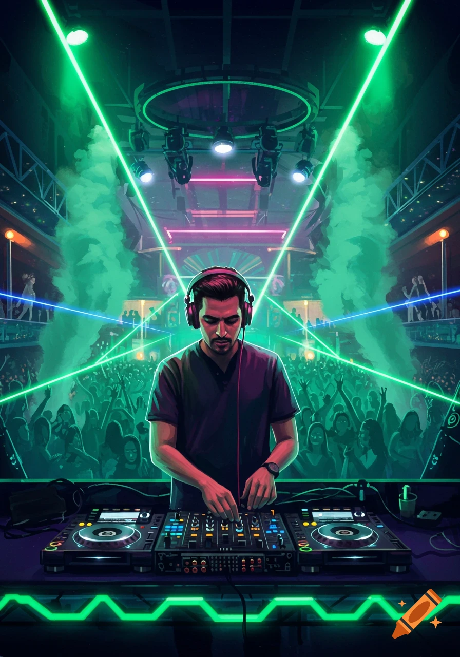 Illustrative view of a DJ with headphones mixing music on a stage in a crowded nightclub with green lasers and smoke.