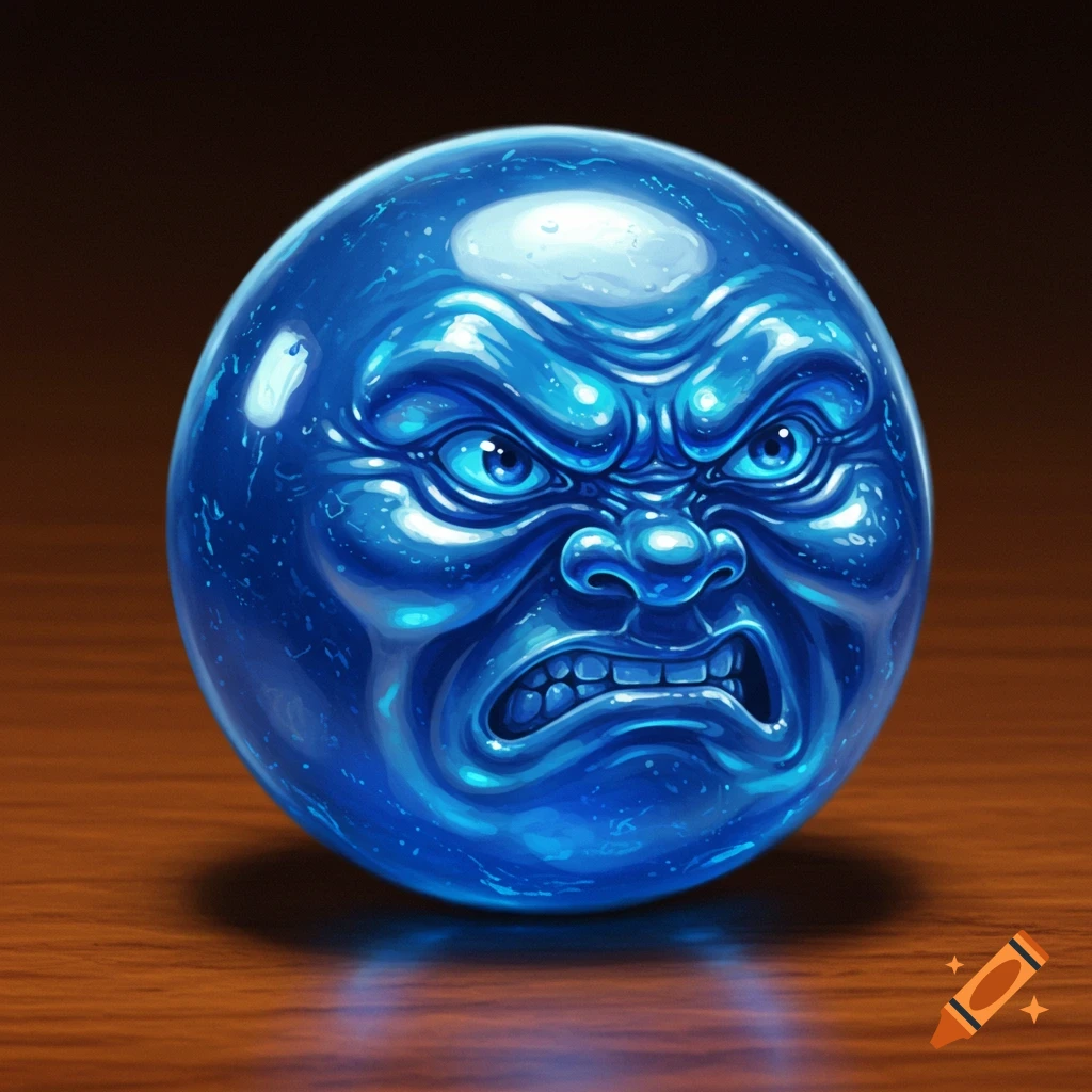 A shiny blue marble with an angry, scowling face on its surface, resting on a wooden table.