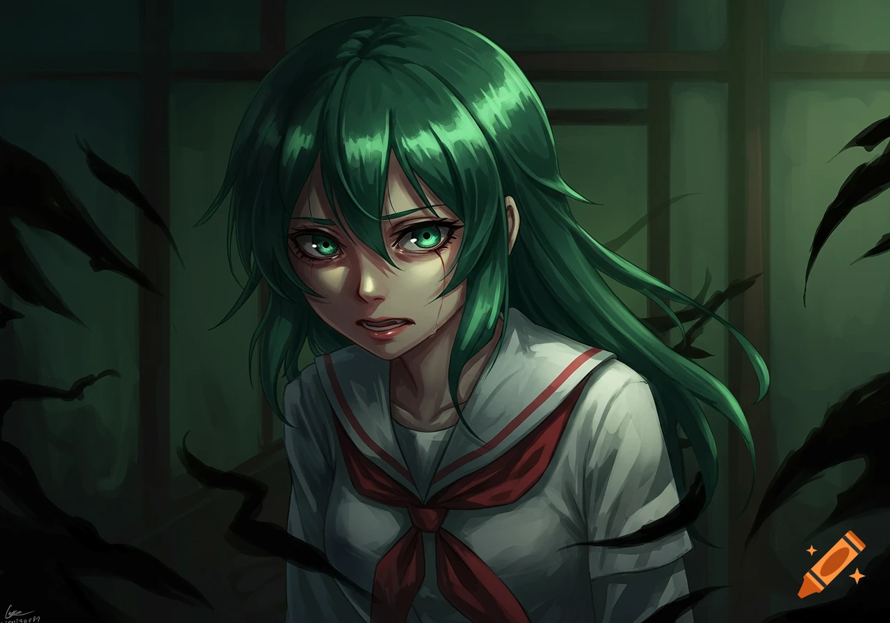 Anime girl Shion Sonozaki with green hair and distressed red-rimmed green eyes, wearing a school uniform with dark tendrils in a shadowy background.