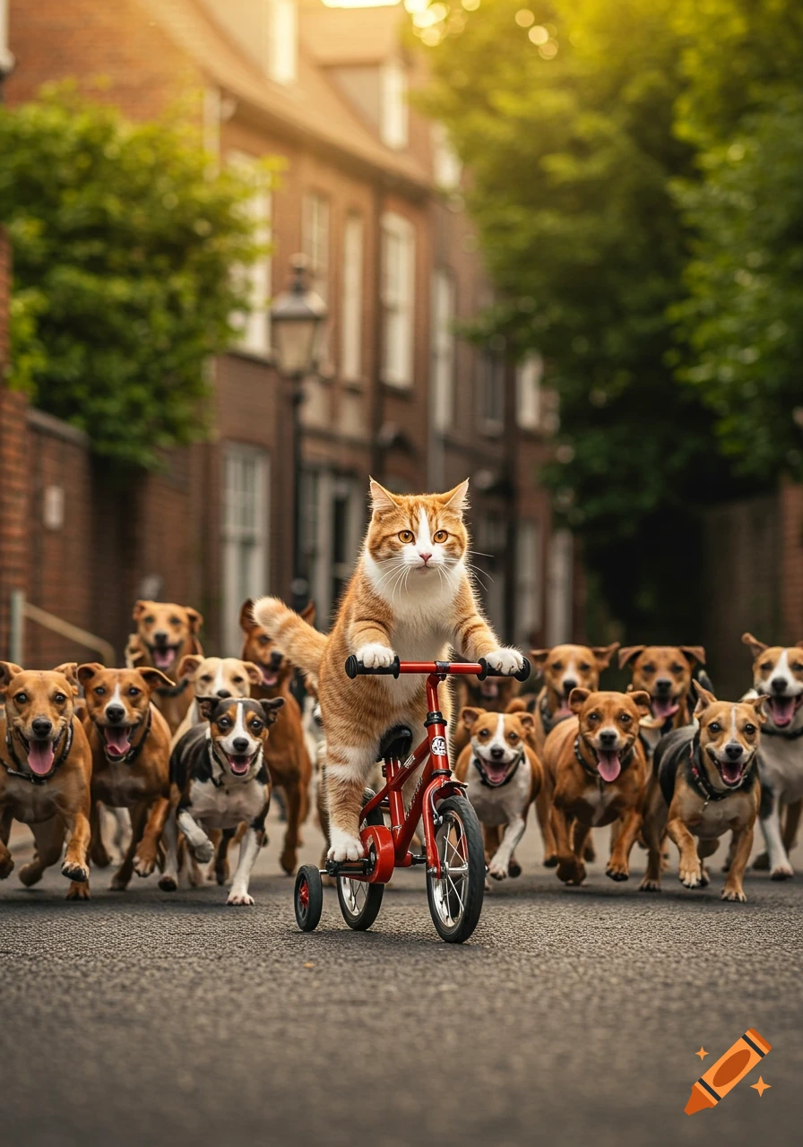An orange and white cat rides a small red bicycle down a street, followed by a pack of happy dogs. Photorealistic style.
