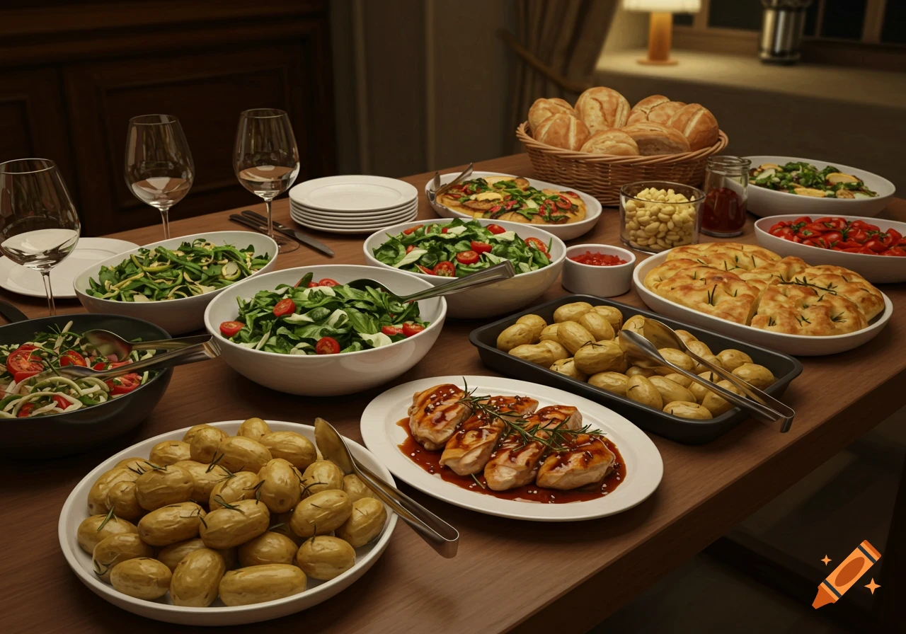 A lavish buffet table laden with grilled chicken, green salads, roasted potatoes, focaccia, bread rolls, and wine glasses, photorealistic.