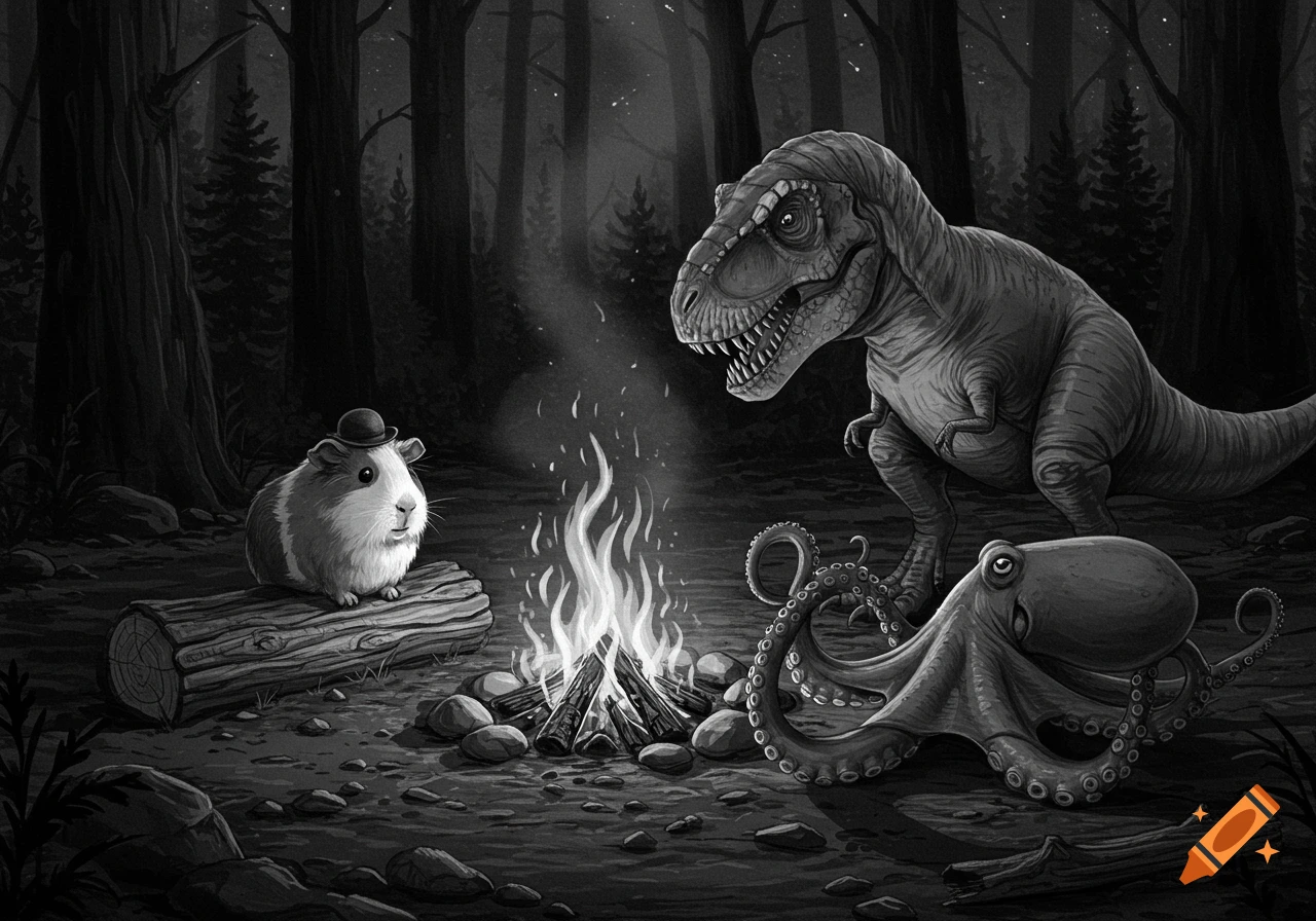 Black and white illustration of a guinea pig in a hat, a T-Rex, and an octopus gathered around a campfire in a dark forest.