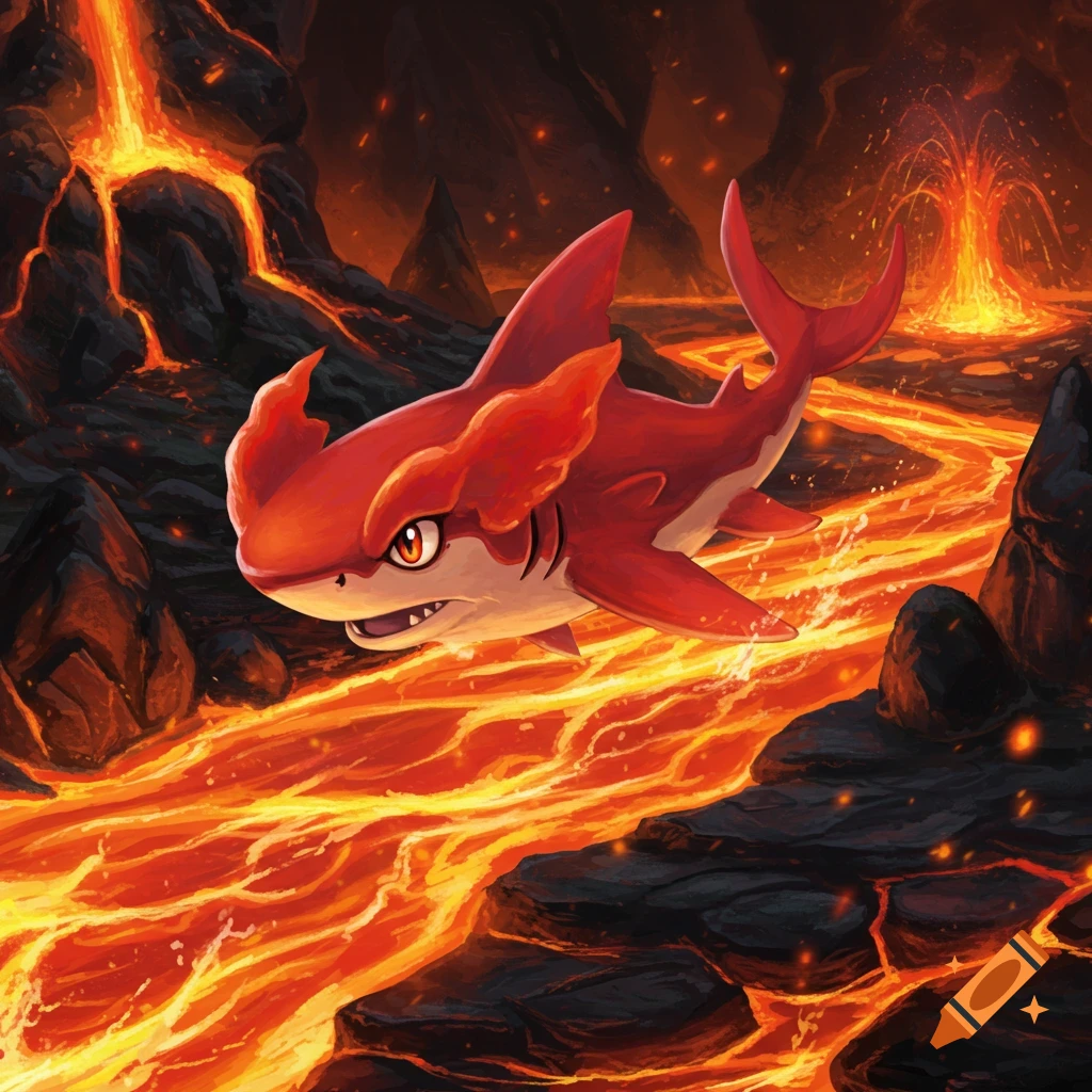 A red shark-like Pok emon swims through a lava river with erupting volcanoes in the background, cartoon art style.