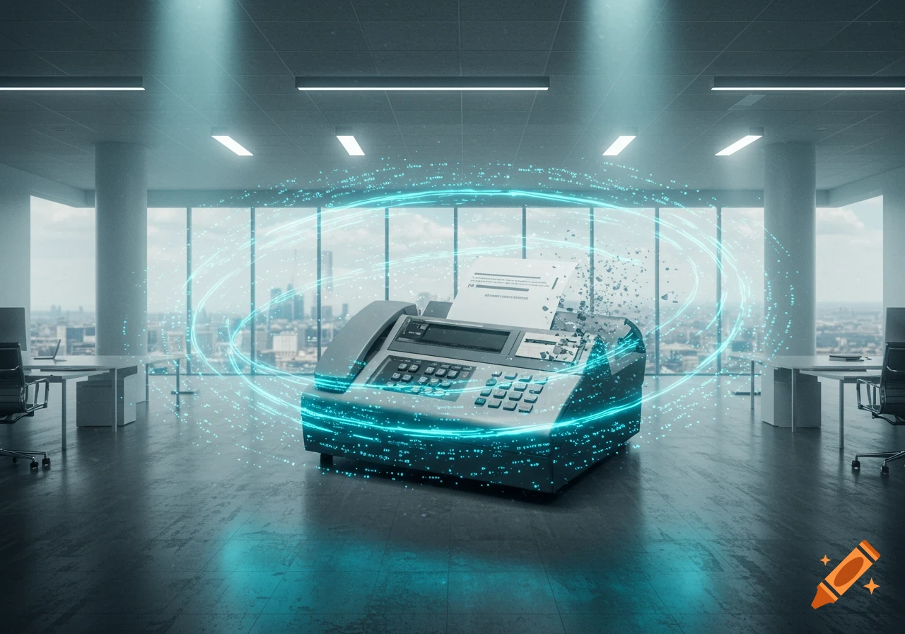 A retro fax machine digitally disintegrating with blue light effects in a modern office with large windows overlooking a city.