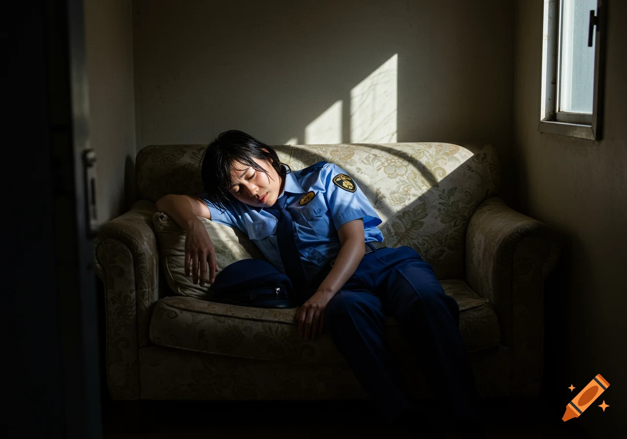 A tired female police officer in uniform sleeps on a sofa in a dimly lit room, dramatic window light illuminating her.