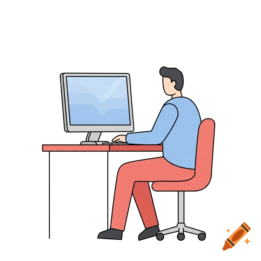 Vector illustration of a man in a light blue shirt and red pants working at a computer on a red desk.