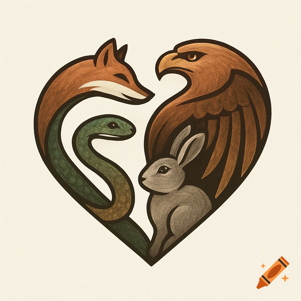 Stylized logo featuring a fox, snake, eagle, and rabbit arranged in the shape of a heart on a light background.