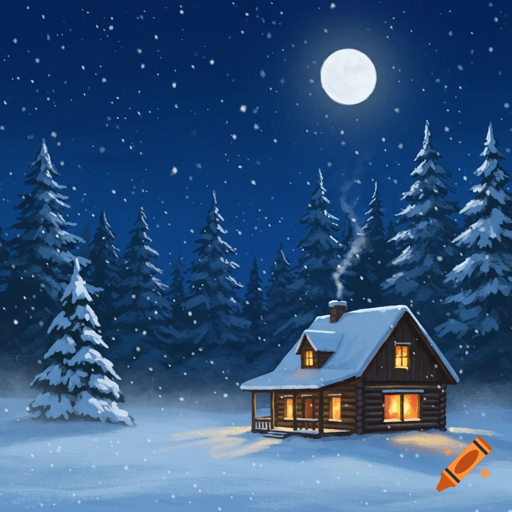 A cozy snowy log cabin with warm glowing windows, surrounded by pine trees under a full moon and falling snow at night. Digital art.