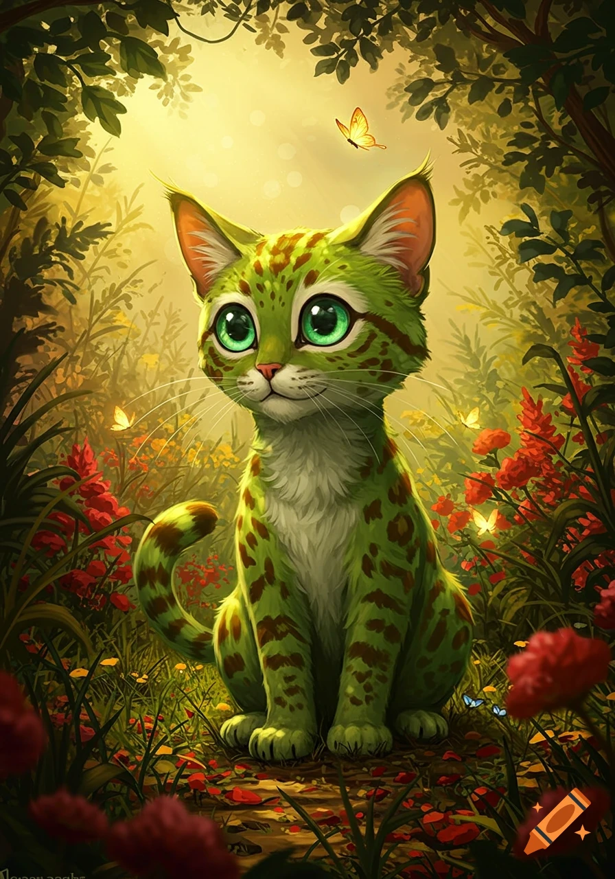 A whimsical, green spotted cat with large emerald eyes sits in a vibrant forest amidst red flowers and butterflies.