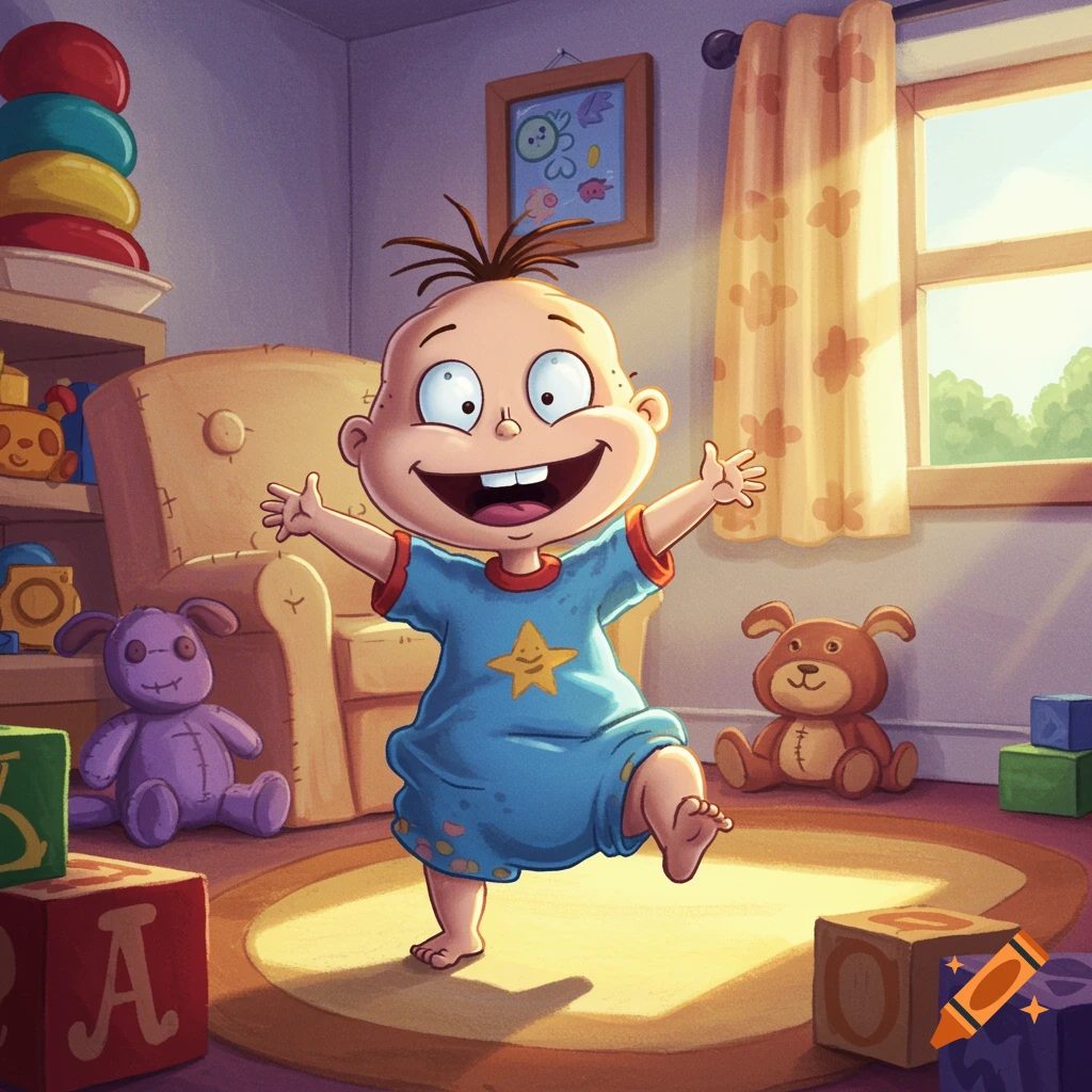 Cartoon baby Tommy Pickles in a playroom, arms outstretched, standing on a rug near toys and a window.