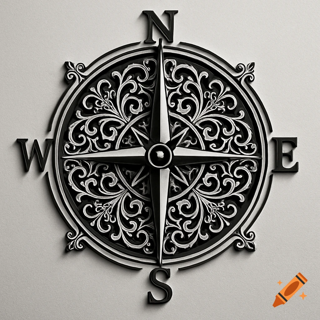 A black and white decorative compass rose with North, West, East, and South directions in a laser-cut style.