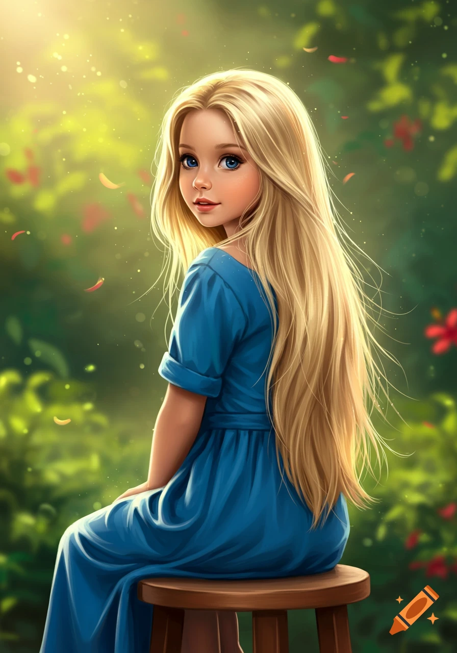 A digital painting of a blonde girl in a blue dress sitting on a stool in a bright, green garden, looking over her shoulder.
