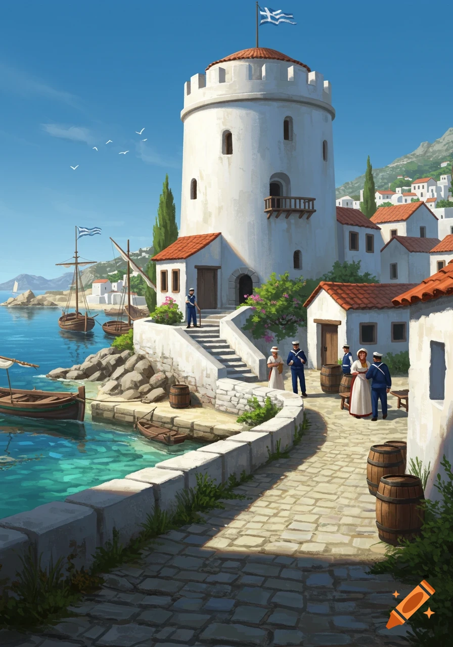 An illustration of a picturesque Mediterranean village with a white defense tower, a small harbor with boats, and people in period attire, all under a clear blue sky.