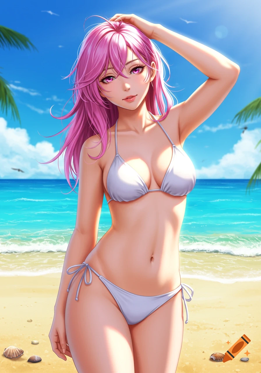 An anime woman with long pink hair and a white bikini stands on a sunny beach with blue water and palm trees.