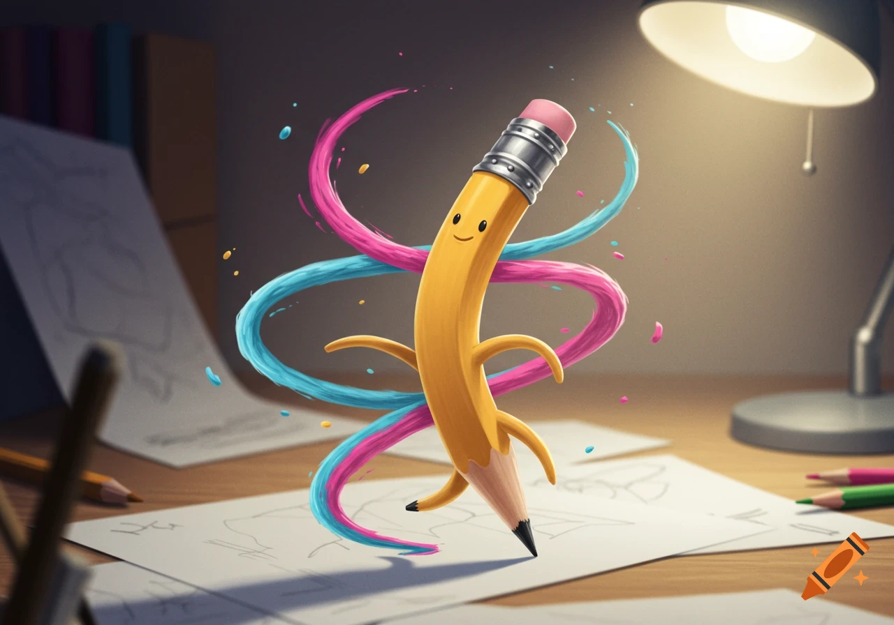 A cheerful cartoon pencil with a face dances on a desk, surrounded by pink and blue artistic swirls, papers, and a lamp.