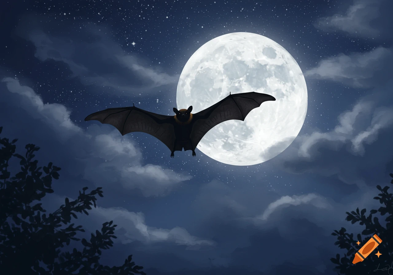 A stylized illustration of a bat flying across a starry night sky with a large full moon and clouds, with silhouetted tree branches below.