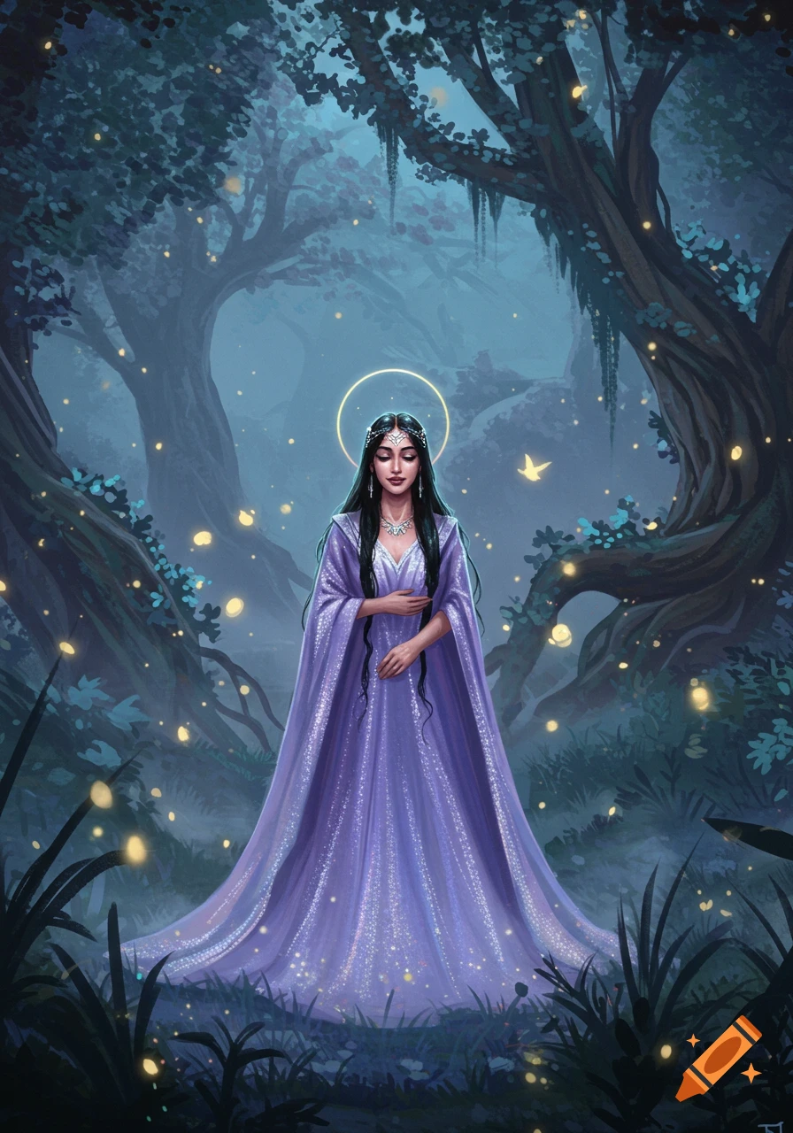A fantasy illustration of a woman in a long shimmering purple gown standing in a dark, enchanted forest with glowing lights.