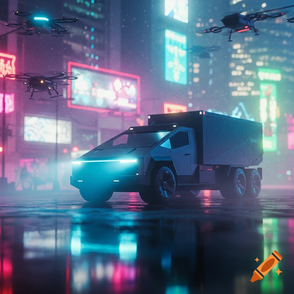 A futuristic Cybertruck-like vehicle drives on a wet city street at night, with neon lights reflecting off the ground and flying drones overhead. Cyberpunk style.
