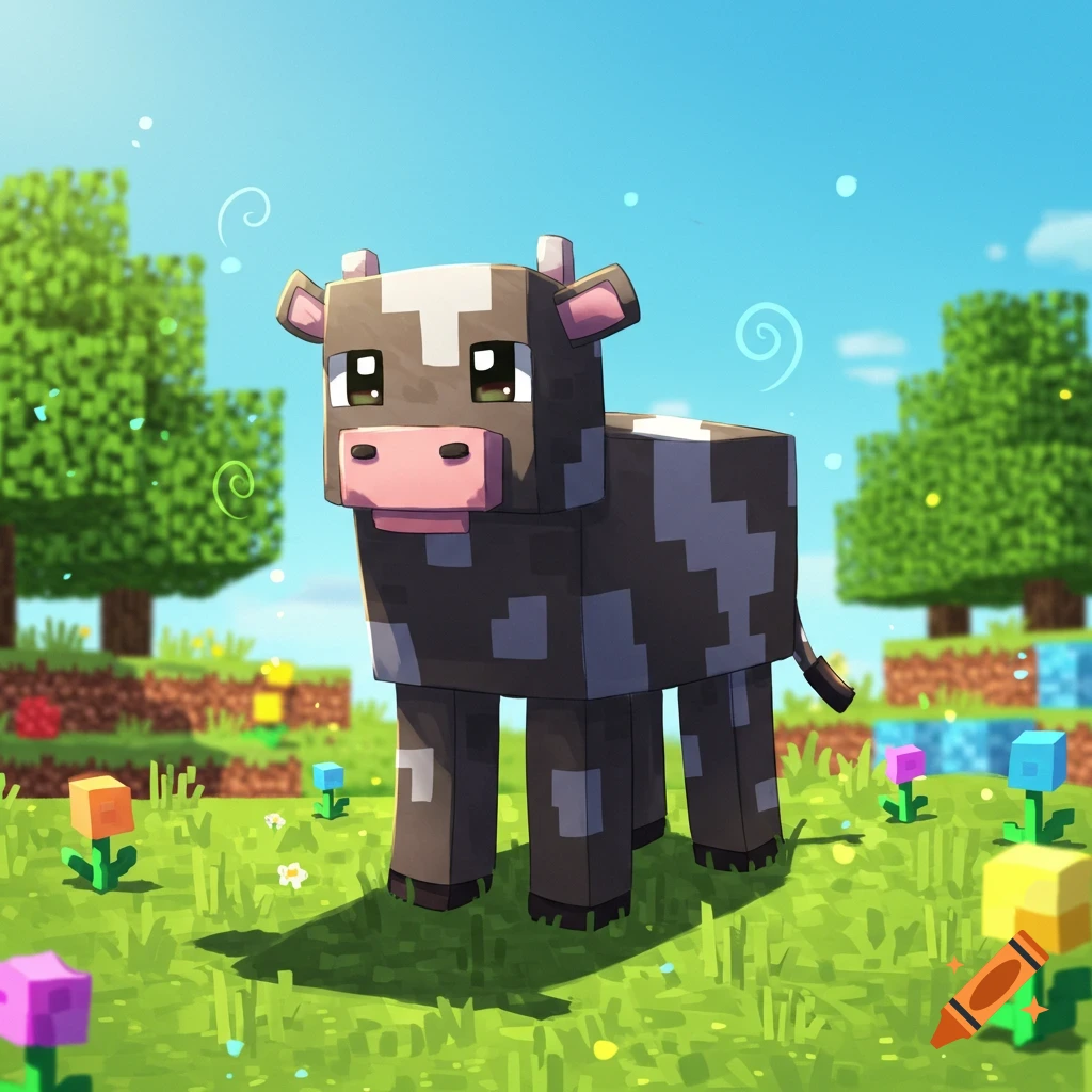 A cute black and white Minecraft cow with large anime eyes stands in a blocky green field with colorful flowers under a blue sky.