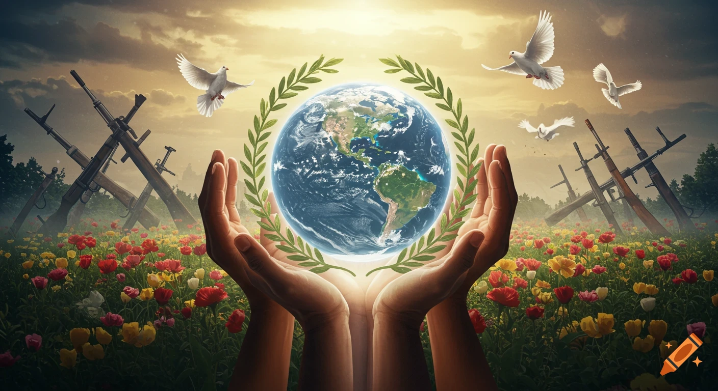 Hands holding a glowing Earth with olive branches, doves flying, and rifles transforming into flowers in a field, symbolizing peace.
