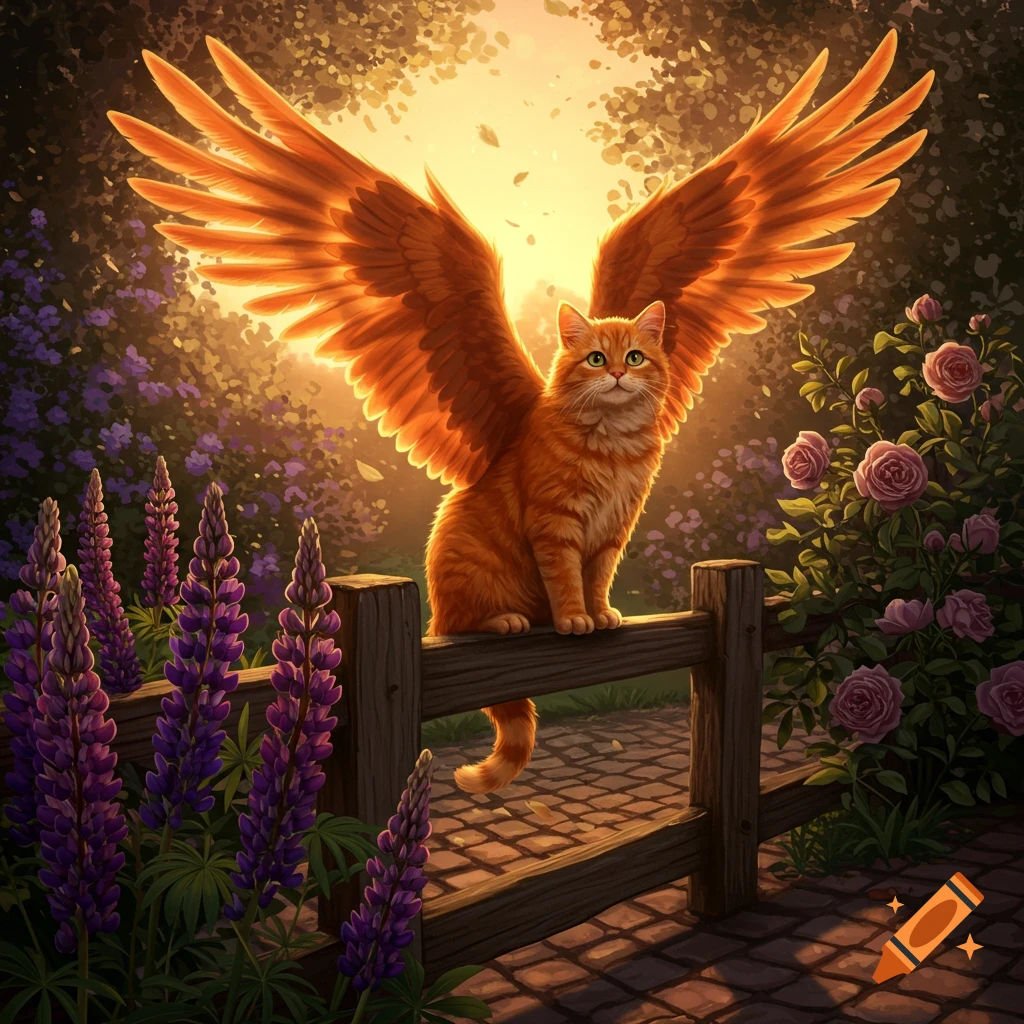 An orange cat with large, glowing orange wings sits on a wooden fence in a sunlit garden with purple lupines and pink roses.