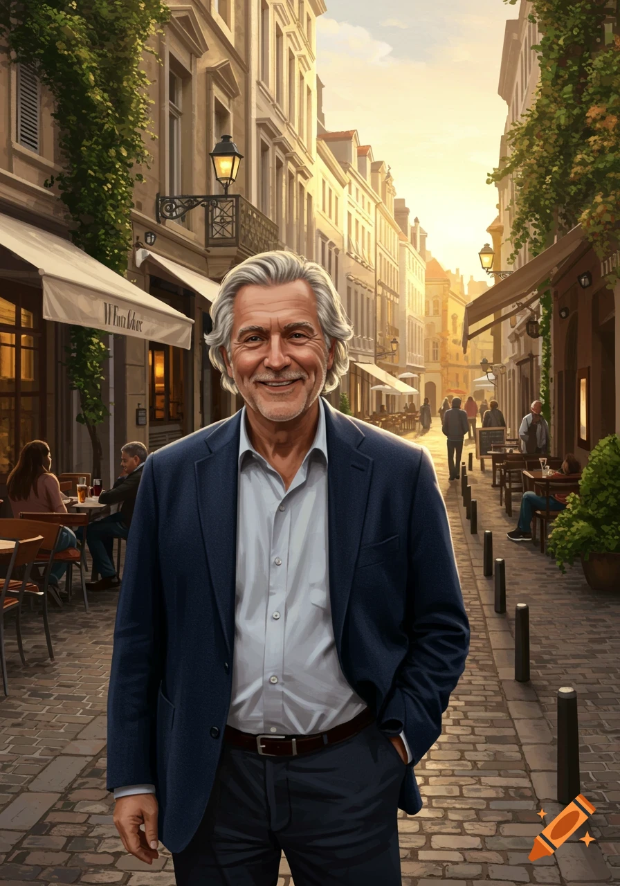 A smiling older man with gray hair in a blue blazer stands on a European cobblestone street with cafes at sunset.