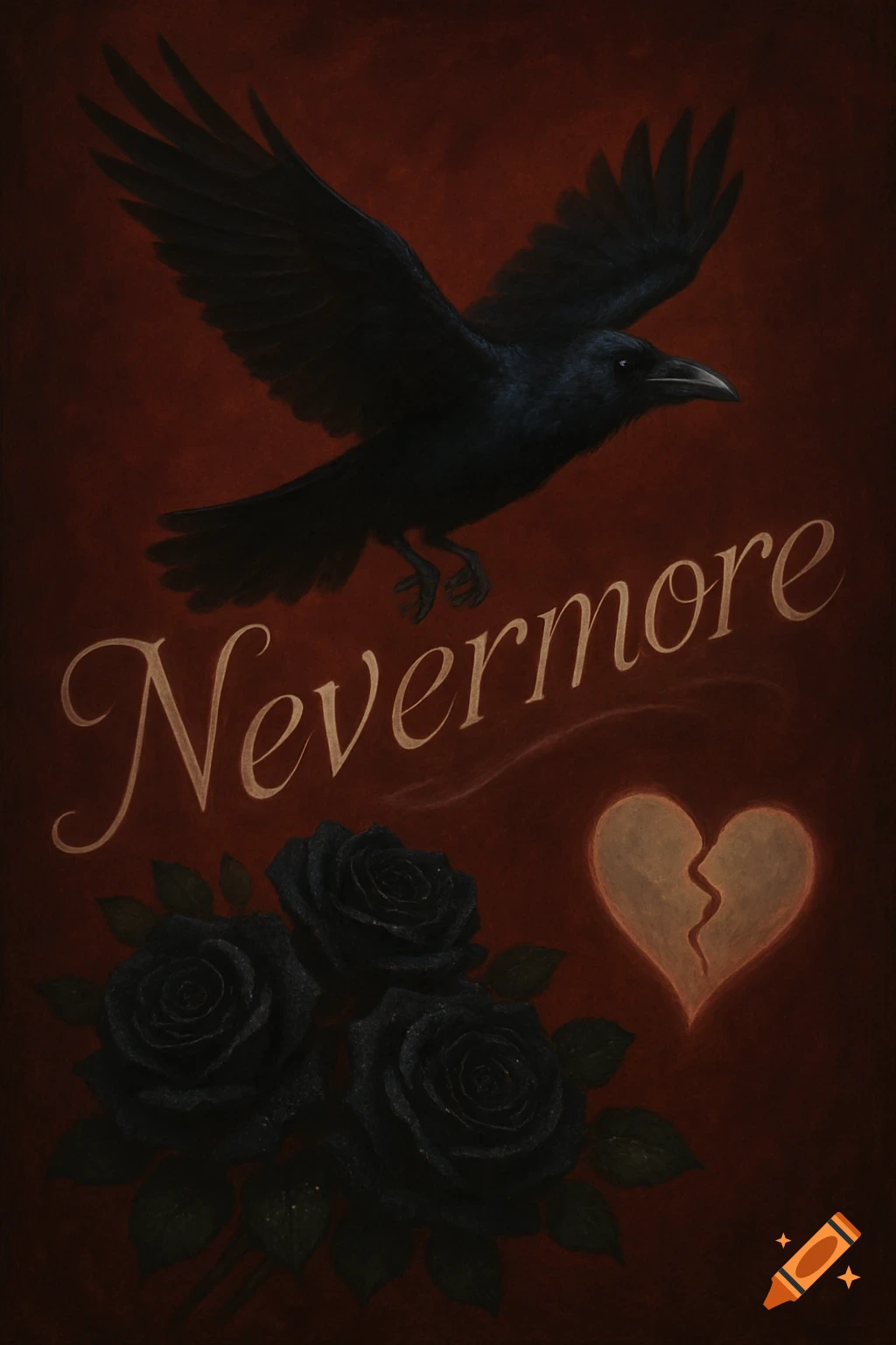 A dark, painterly image with a raven flying above the word 'Nevermore', black roses, and a glowing broken heart on a red background.