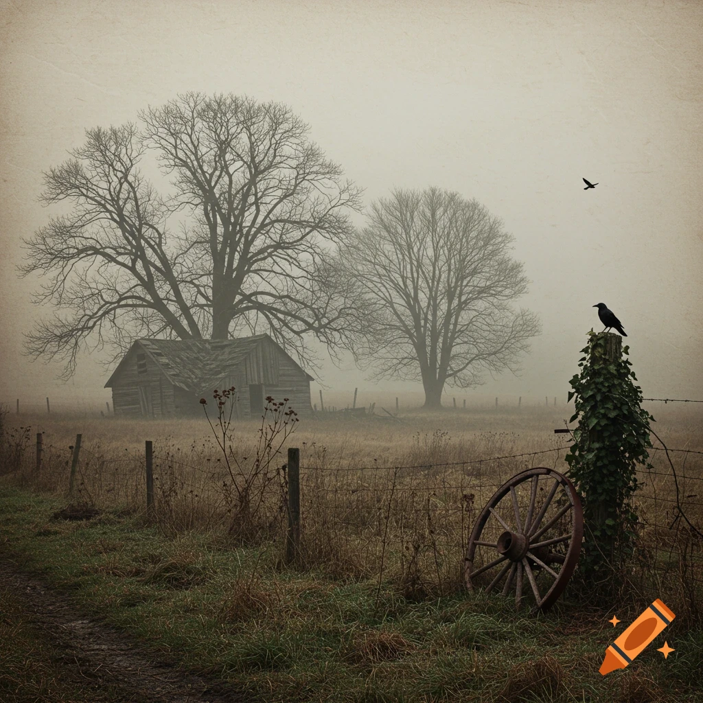 Misty rural landscape with a dilapidated barn, bare trees, a crow, and an old wagon wheel in a field.