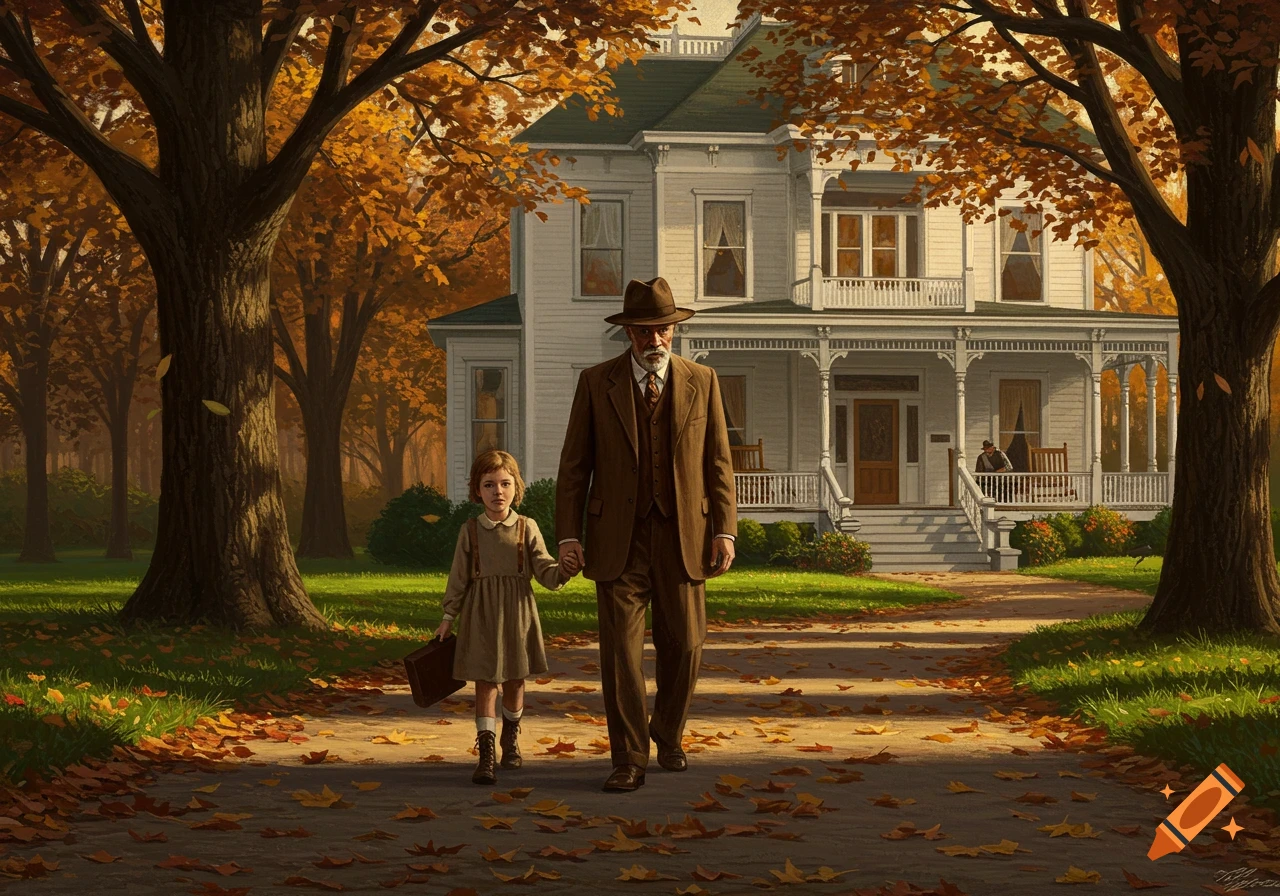 An old man and a young girl walk hand-in-hand on an autumn path away from a grand 1920s white house.