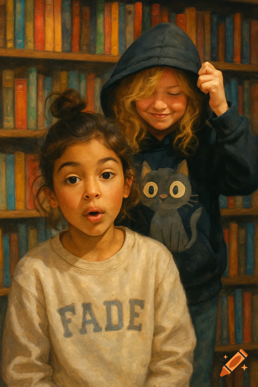 Two young girls pose in front of a colorful library bookshelf in a painterly style. One girl wears a 'FADE' sweatshirt, the other a hoodie with a cat.