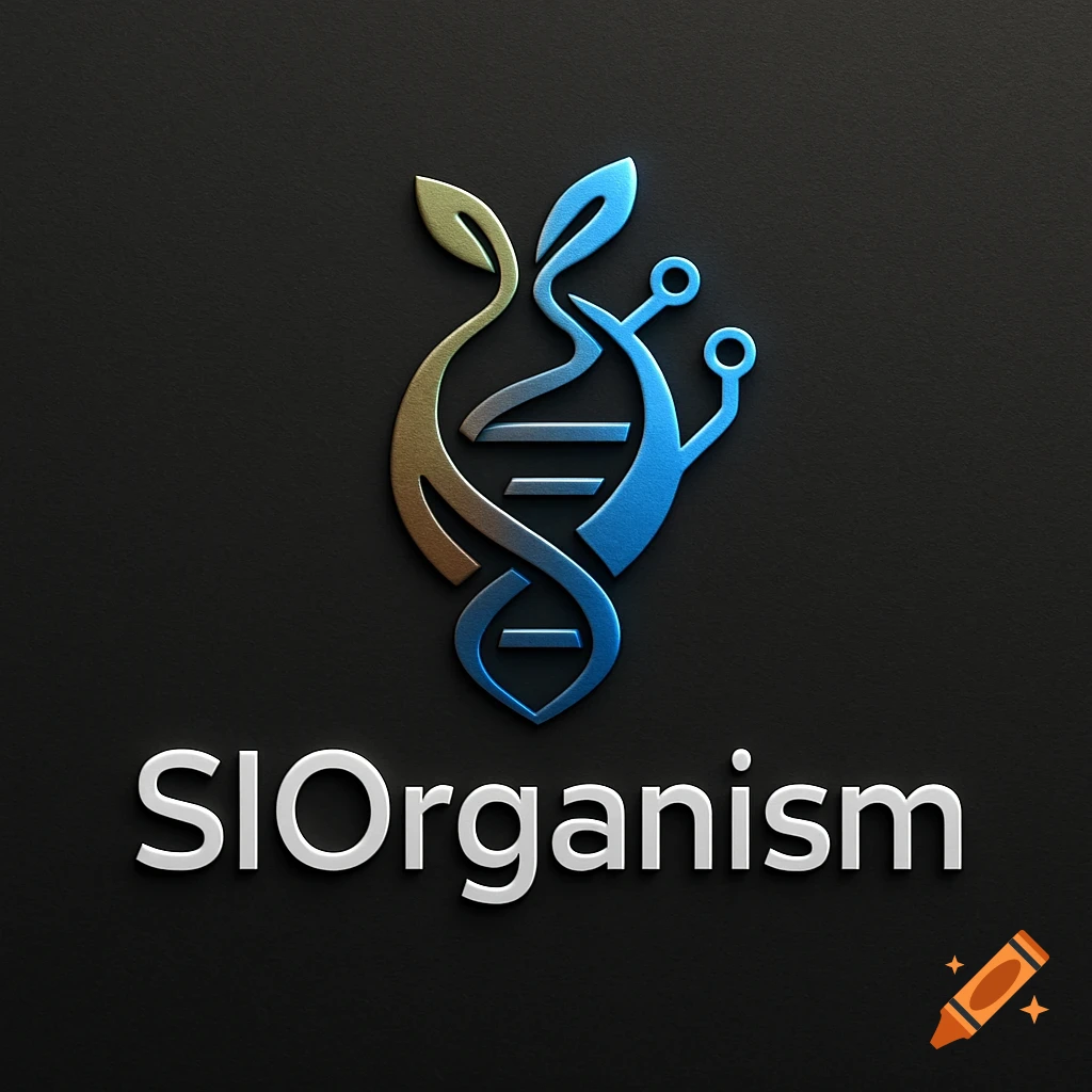 Logo for SIOrganism, featuring a gold and blue metallic DNA helix integrated with leaves and circuit board elements.