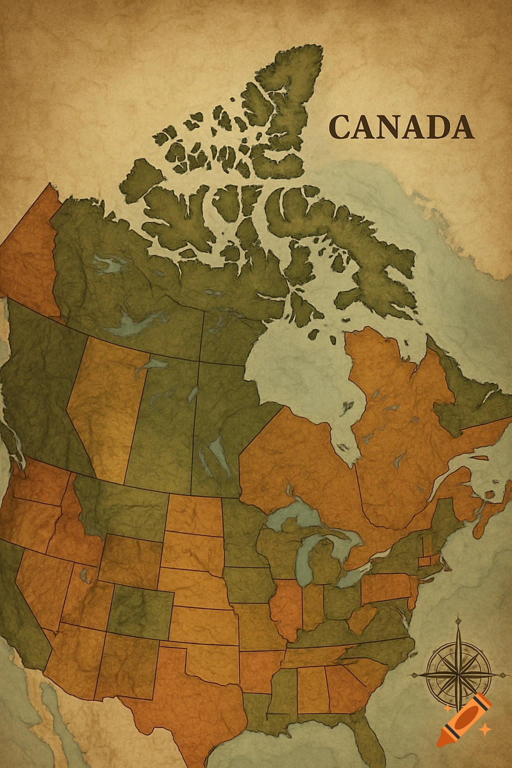 An antique-style map showing Canada, the United States, and parts of Mexico, with a compass rose in the bottom right corner.