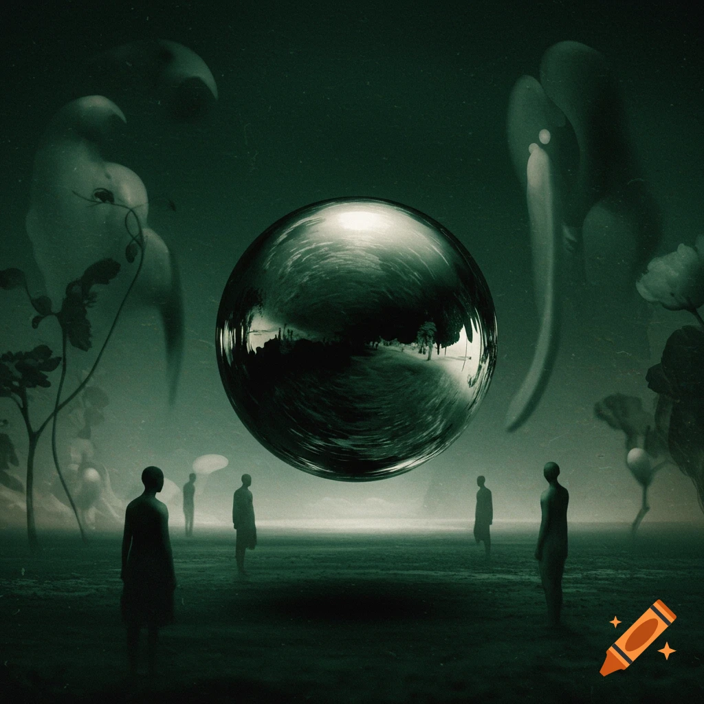 Dark, surreal landscape with silhouetted figures observing a large, reflective sphere, in the style of Paul Wunderlich.