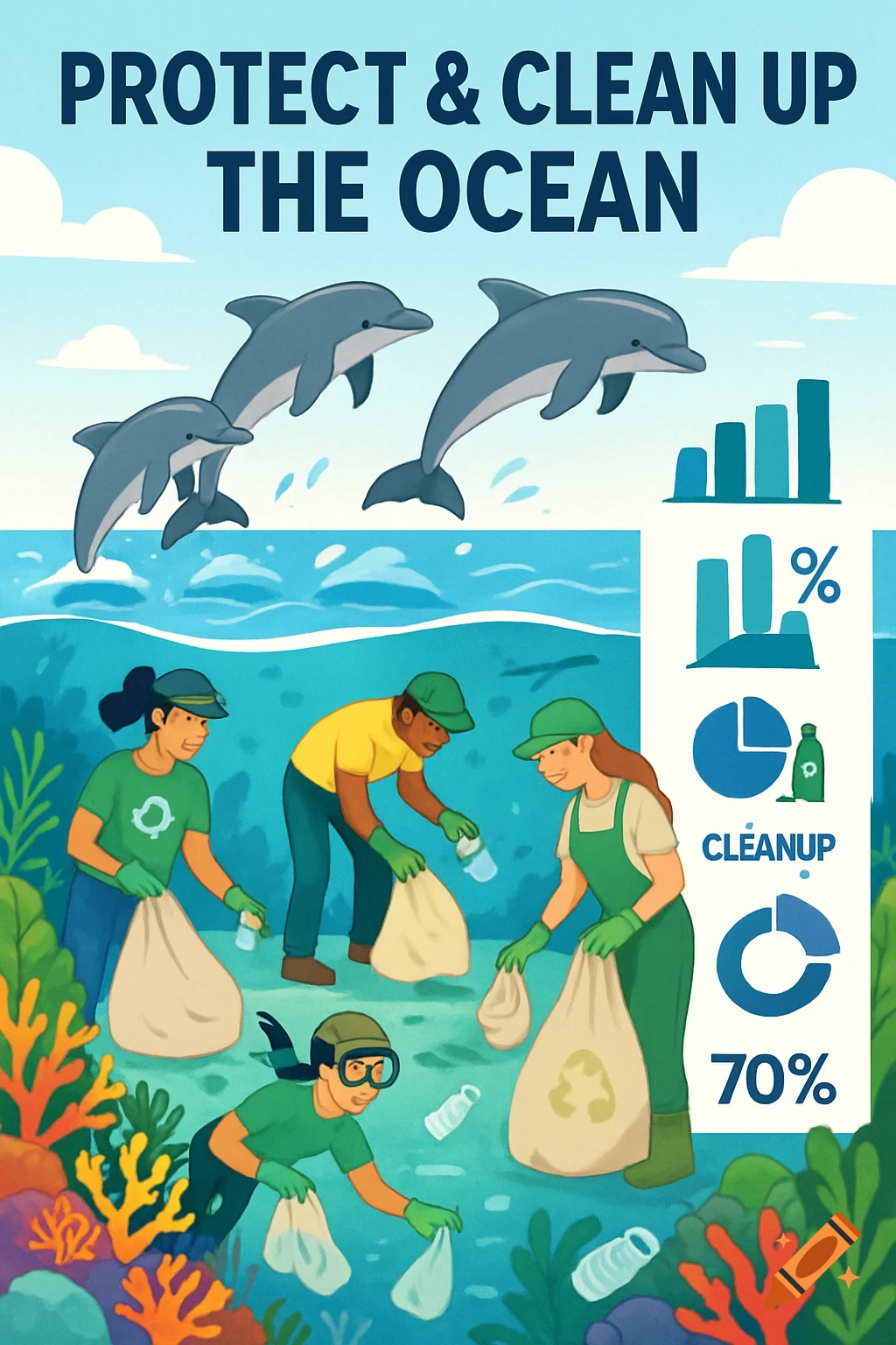 Cartoon illustration of people cleaning trash from the ocean while dolphins swim above. Text reads 'PROTECT & CLEAN UP THE OCEAN'.