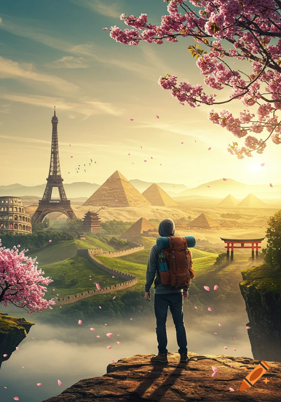 A backpacker stands on a cliff, gazing at a surreal landscape of iconic world landmarks and cherry blossoms at sunset.