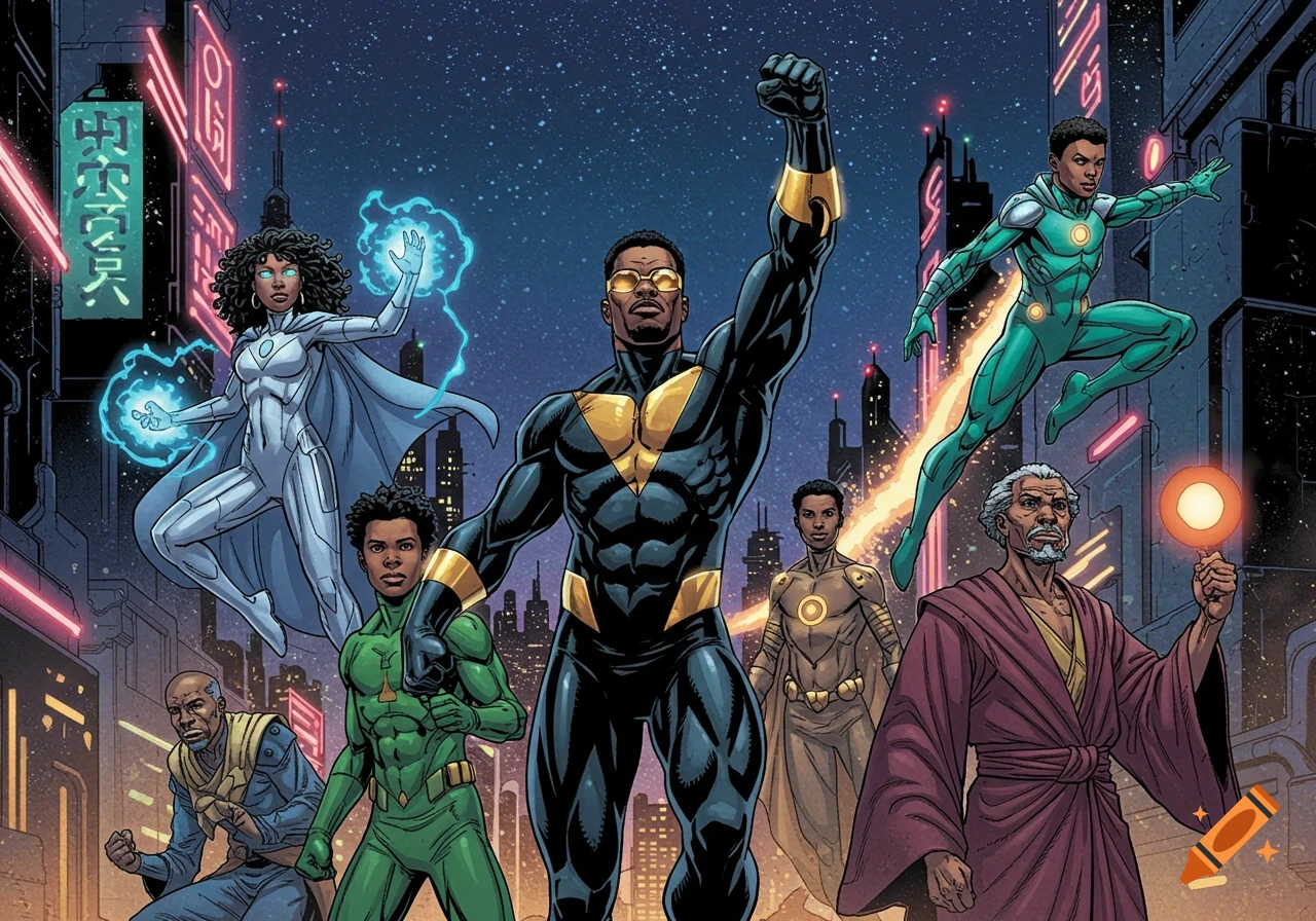 A diverse group of Black superheroes, including men and women, in dynamic poses against a futuristic city at night, comic book art style.