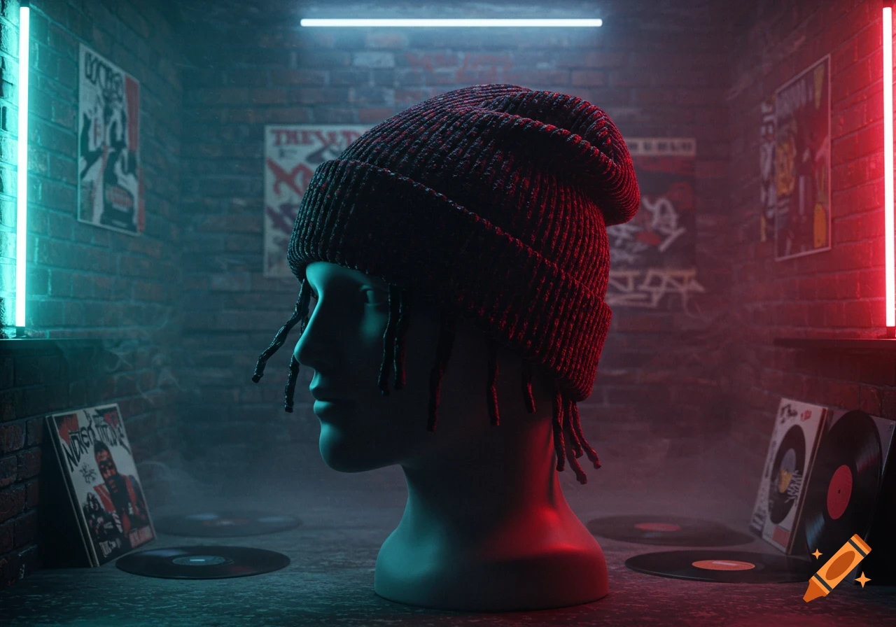 A mannequin head with a black beanie and dreadlocks in a dark, urban setting with red and cyan neon lights, brick walls, and vinyl records.