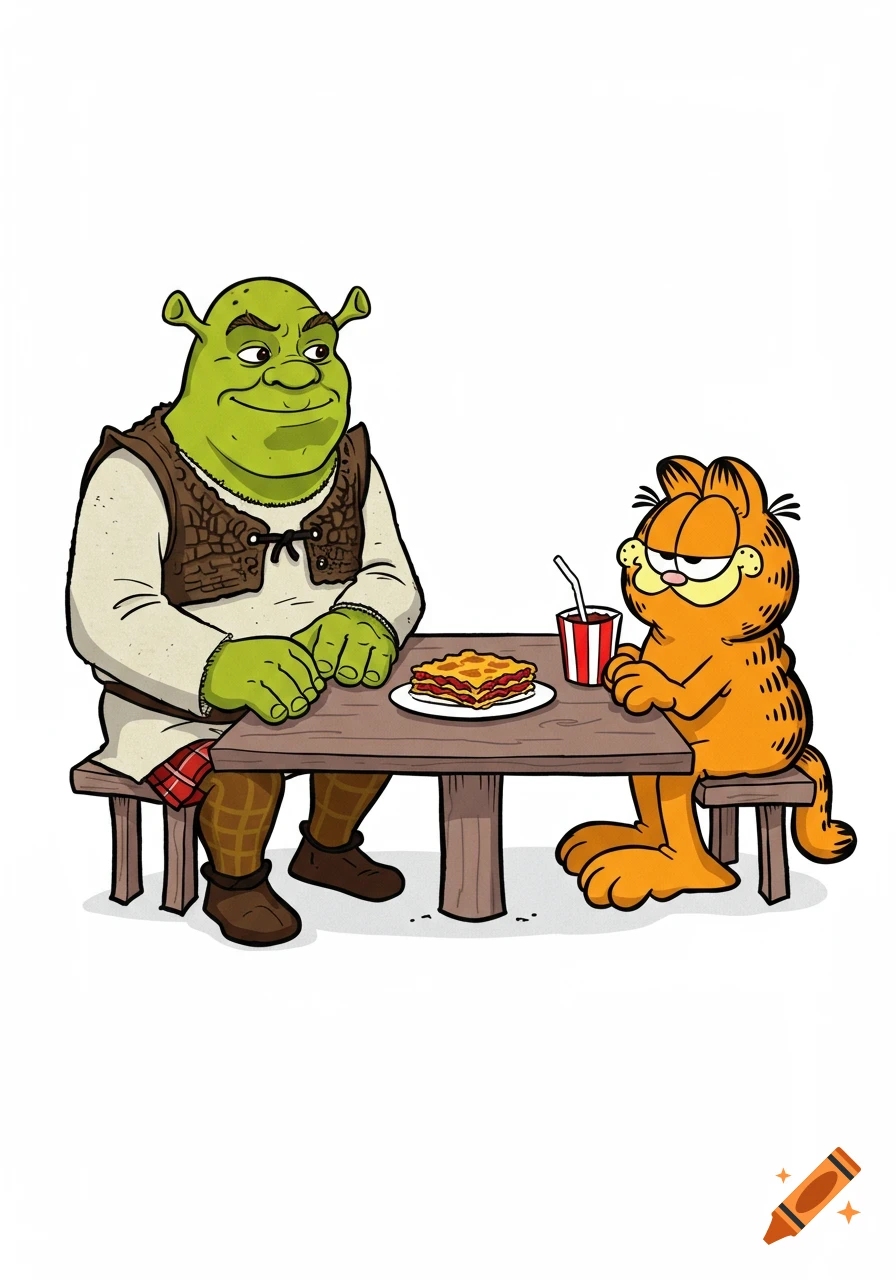 Cartoon of Shrek and Garfield sitting at a table with lasagna and a drink against a white background.