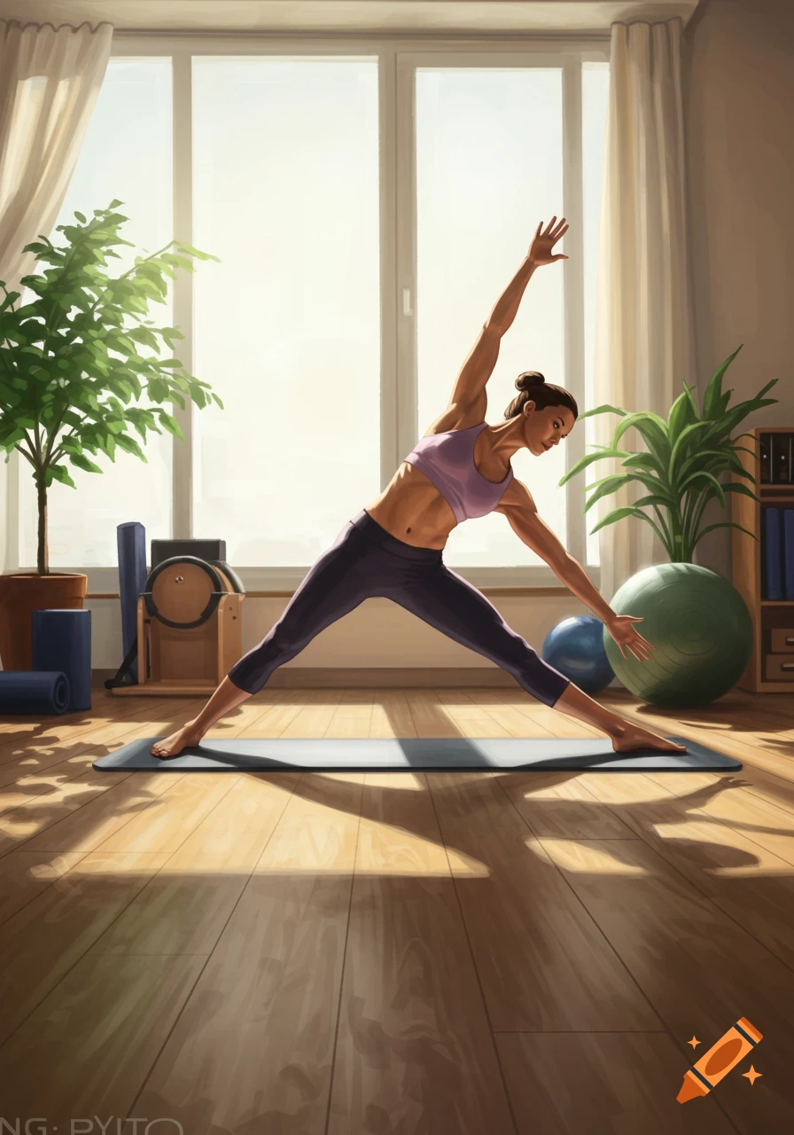 Woman in athletic wear performing a triangle yoga pose in a brightly lit room with exercise equipment and plants.