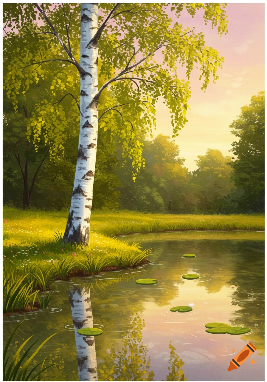 A birch tree with bright green leaves stands beside a calm pond with lily pads, reflecting the golden light of sunset in an illustrative style.