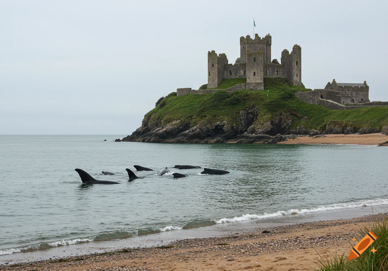 Photorealistic image of whales swimming in the sea near a sandy beach, with an old castle on a green hill overlooking the water.