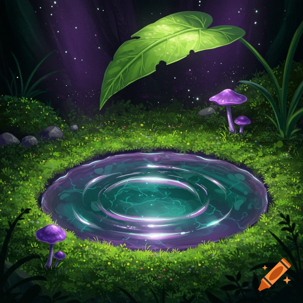 A vibrant illustration of a glowing, rippling pond surrounded by lush moss, violet mushrooms, and a large green leaf in a dark, mystical forest.