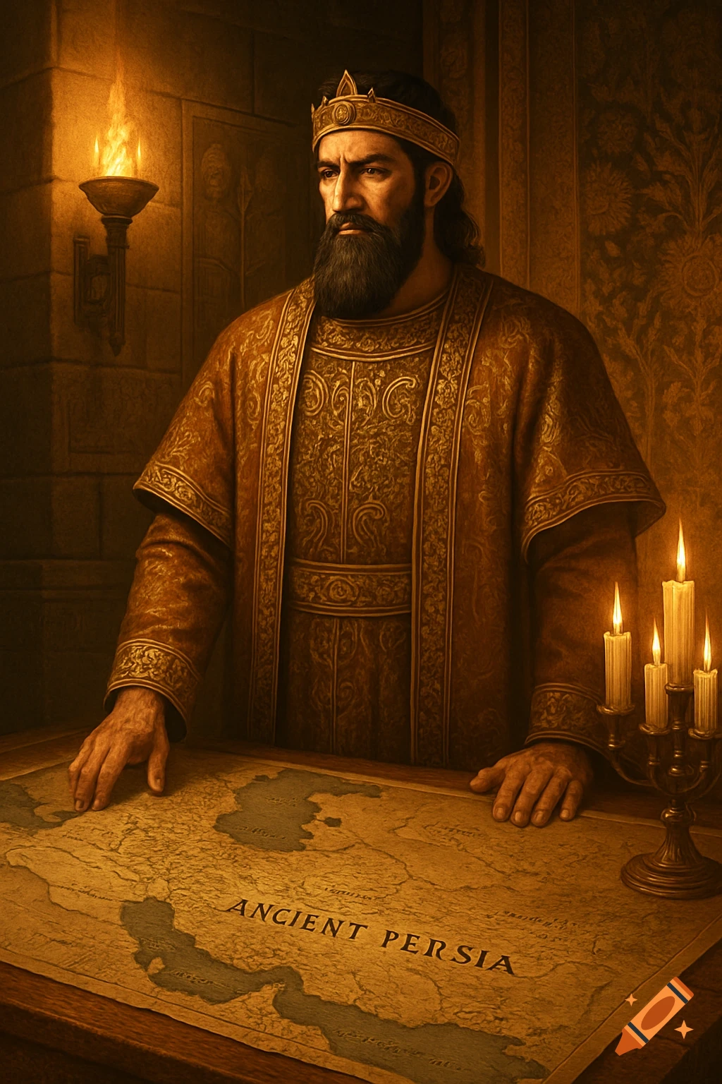 A regal, bearded king in ornate robes stands over a map labeled 'ANCIENT PERSIA' in a dimly lit, ancient room.