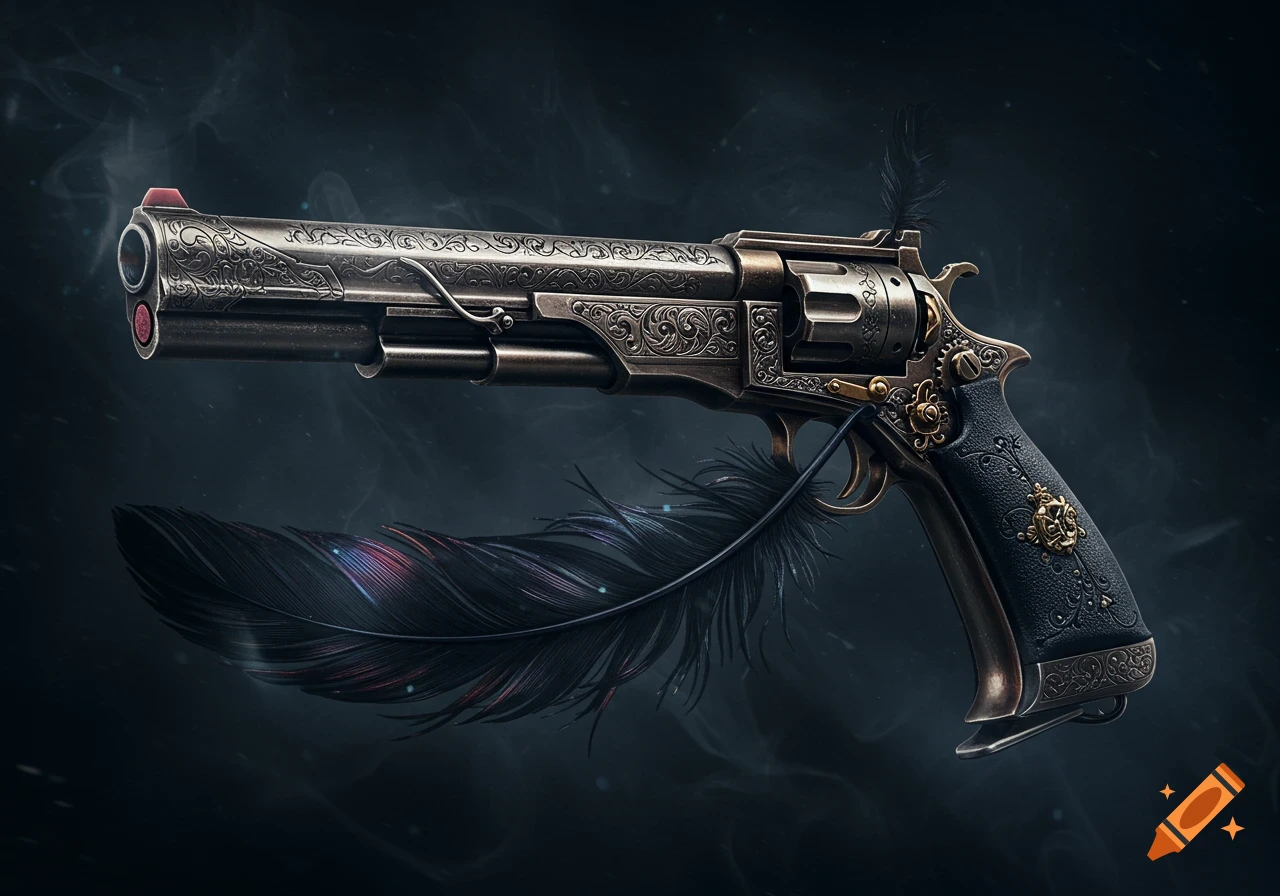 An elaborately engraved steampunk-style pistol with a dark feather against a smoky background.