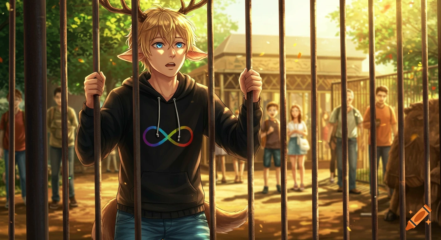 Anime-style blue-eyed blond satyr with antlers and tail, wearing a hoodie with a rainbow infinity symbol, holding cage bars at a zoo.