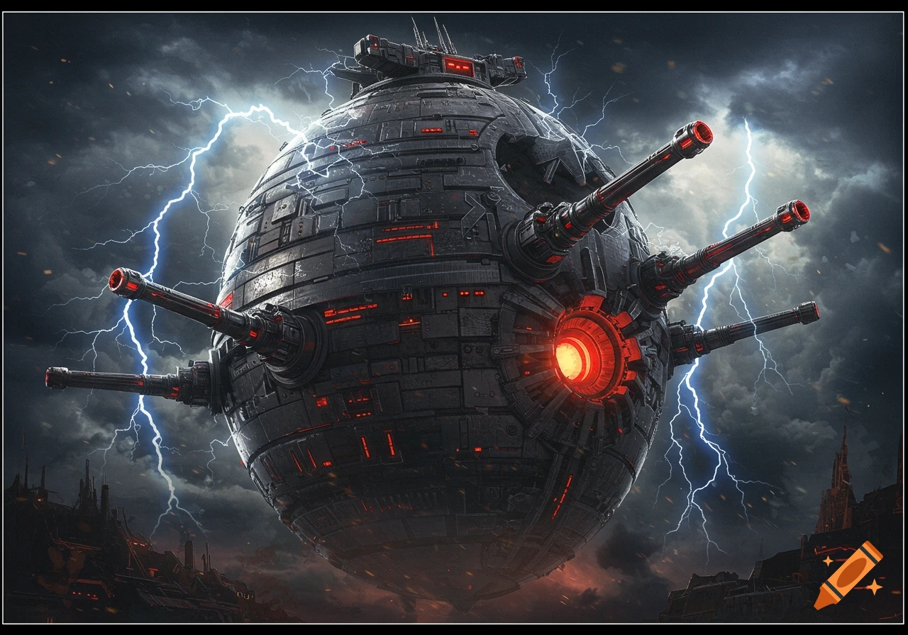 A colossal dark metallic spherical weapon, like the Death Egg, with multiple strong cannons, hovers in a stormy, lightning-filled sky over a ruined futuristic city.