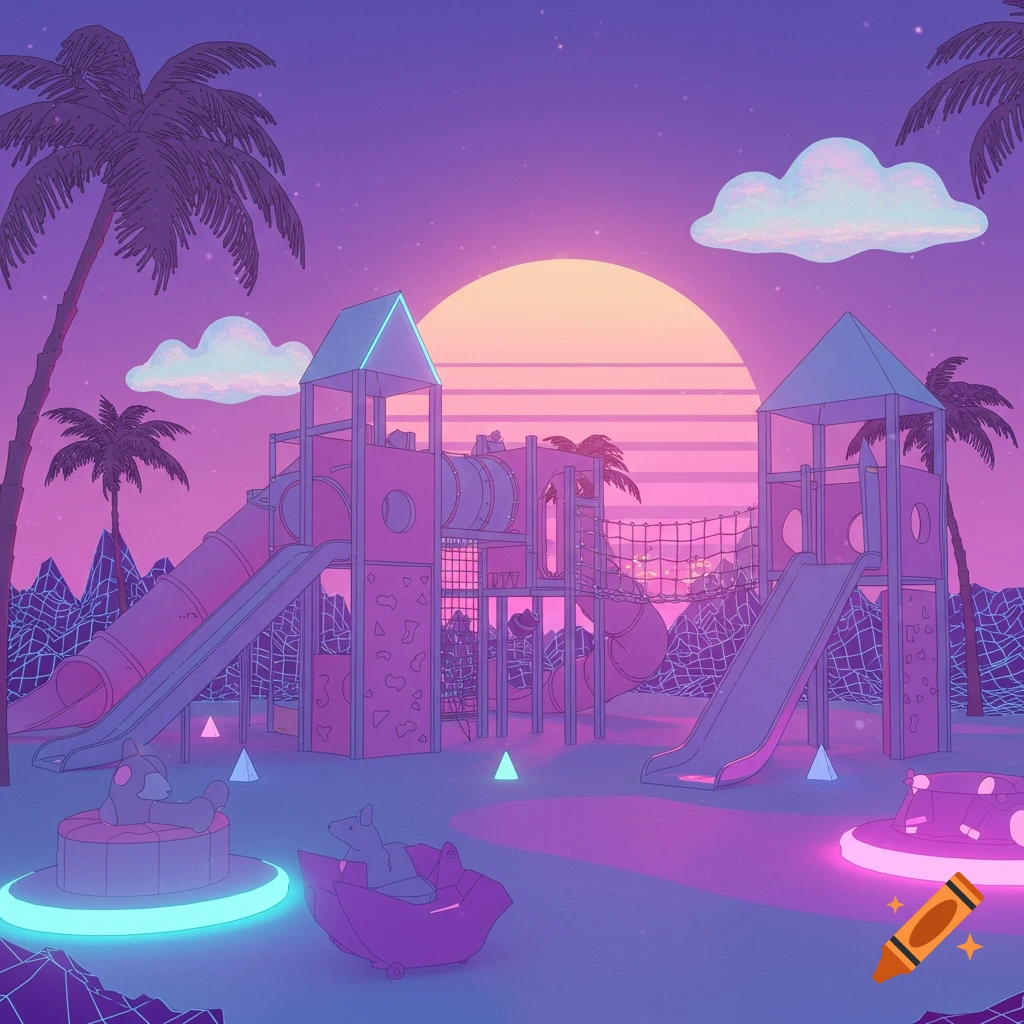 A vibrant vaporwave-style playground at sunset, with pink and purple hues, palm trees, and wireframe mountains.